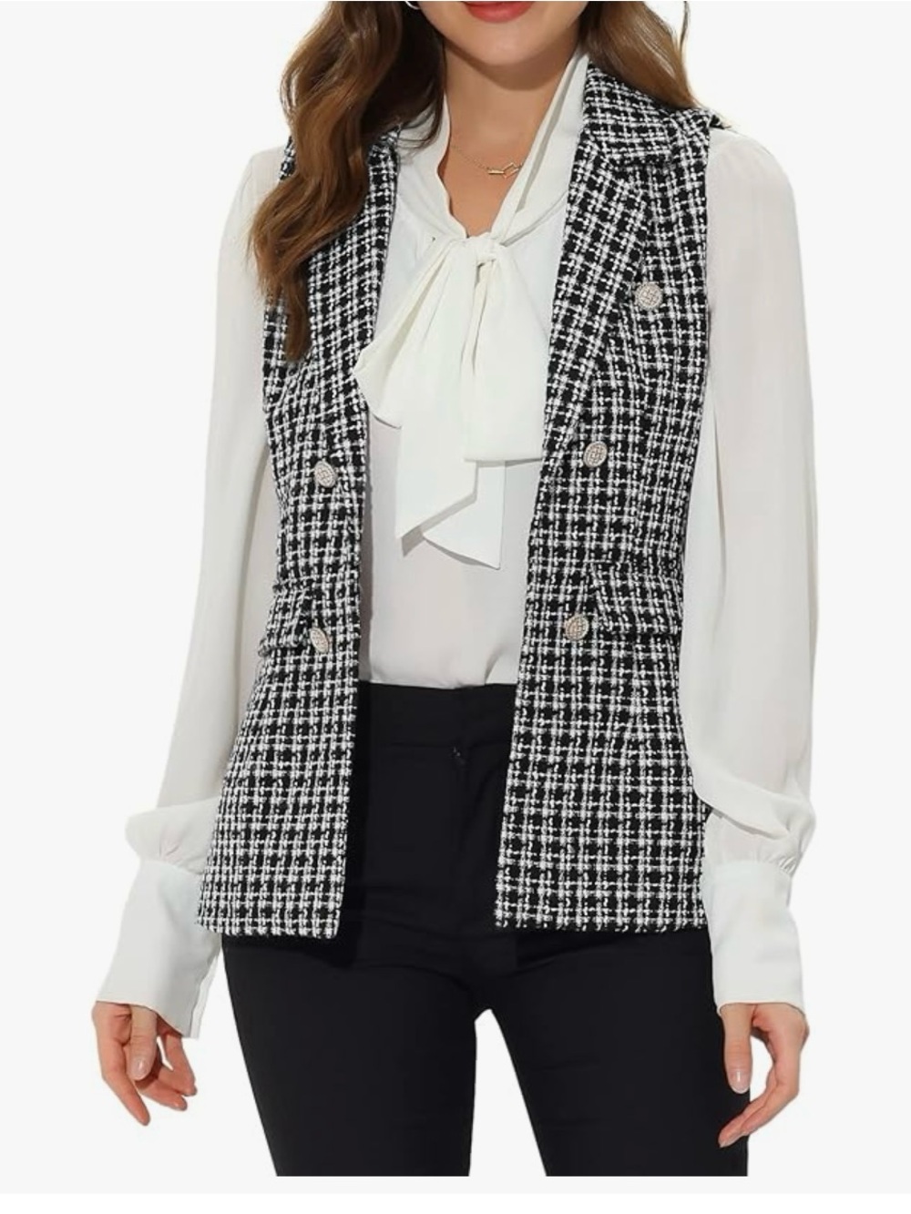 Allegra Vintage Tweed Vest Open Front Plaid Sleeveless Cardigan black white L
